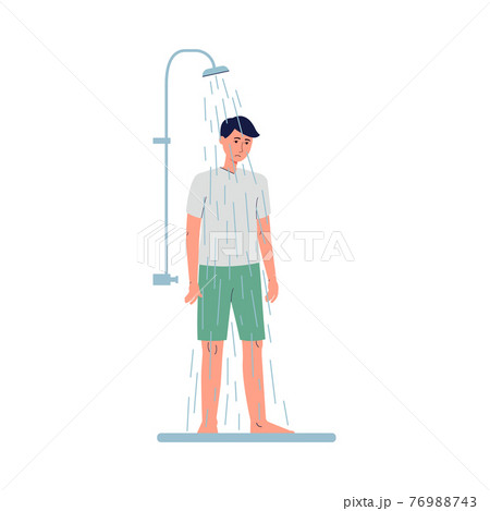 Lonely unhappy man standing under shower, flat vector illustration isolated. Lonely unhappy man standing under shower, flat vector illustration isolated. 76988743