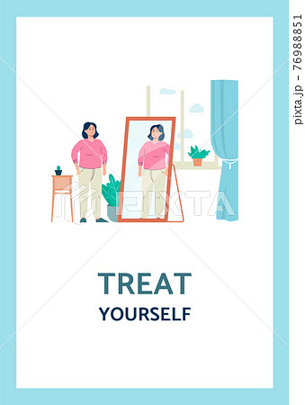 Treat yourself poster with overweight woman, flat vector illustration. 76988851