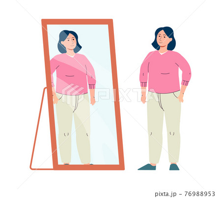 Woman brunette with positive self acceptance and esteem look on her in mirror. 76988953