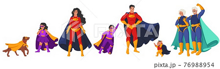 Family of superheroes, cartoon character set, flat vector illustration. Grandparents parents kids in super hero costumes 76988954