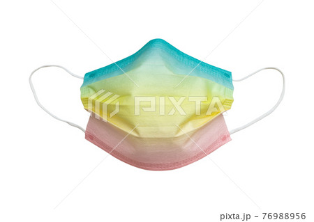 front view of rainbow color disposable face mask isolated on white background 76988956