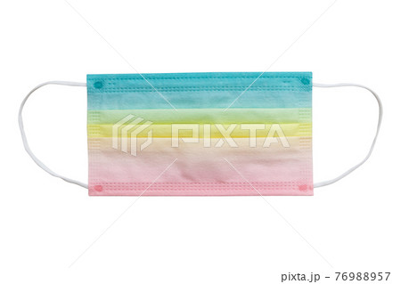 front view of rainbow color disposable face mask isolated on white background 76988957