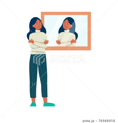 Happy woman smiling in the mirror - confident cartoon character 76988958
