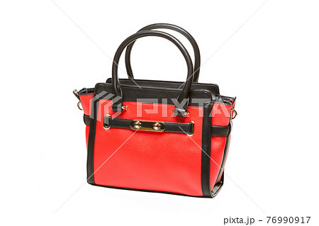red female bag with black handles on a white background red female bag with black handles on a white background 76990917