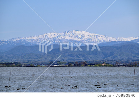 石川県　柴山潟から臨む白山 76990940