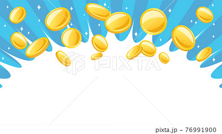 勢いよく飛び出して輝くコインのイラスト背景 青色の背景 16 9のイラスト素材