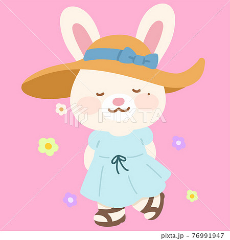 ワンピースを着てお花の香りを楽しむ可愛くてシンプルな白ウサギのイラスト　主線なし 76991947