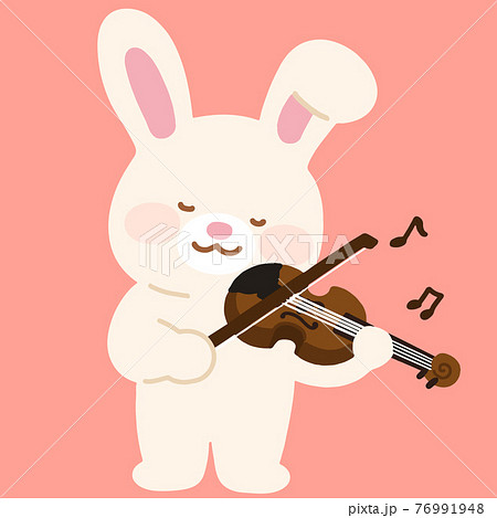 バイオリンを弾く可愛くてシンプルな白ウサギのイラスト 主線なしの