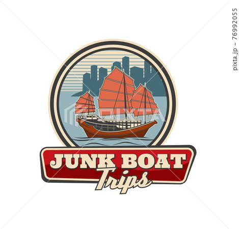 Junk boat with red sail, Hong Kong travel icon Junk boat with red sail, Hong Kong travel icon 76992055