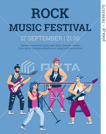 Rock music festival poster with rock band, cartoon vector illustration. 76993070