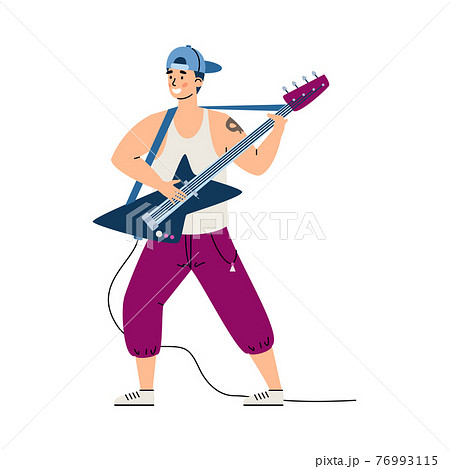 Rock music guitarist male cartoon character, flat vector illustration isolated. Rock music guitarist male cartoon character, flat vector illustration isolated. 76993115