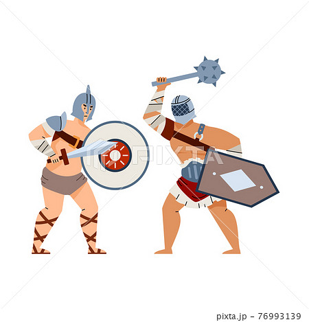 Fight of two gladiators or ancient warriors cartoon vector illustration isolated. 76993139