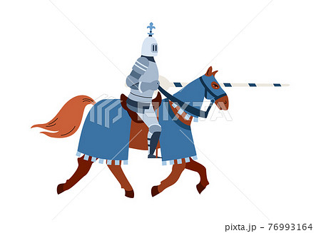 Medieval knight horseman armed with lance, flat vector illustration isolated. Medieval knight horseman armed with lance, flat vector illustration isolated. 76993164