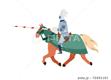 Medieval knight with lance riding on horse, flat vector illustration isolated. 76993165