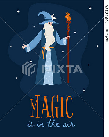 Banner or poster with medieval wizard and text flat vector illustration. 76993186