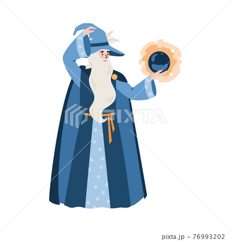 Wizard or sorcerer conjures with crystal ball flat vector illustration isolated. 76993202