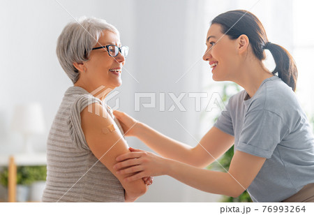 Senior woman after vaccination. Senior woman after vaccination. 76993264