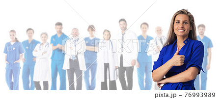 Female patient and team of doctors Female patient and team of doctors 76993989