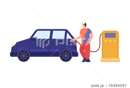 Young man filling up fuel of car at petrol station a vector illustration. 76994097