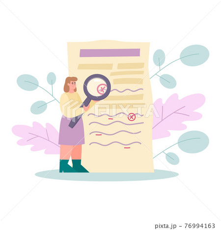 Woman with magnifier editing grammar mistakes and punctuation errors on paper. Woman with magnifier editing grammar mistakes and punctuation errors on paper. 76994163