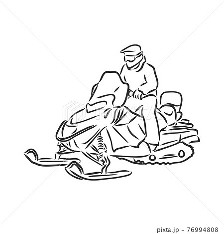 isolated illustration of a rider on a snow scooter , black and white drawing, white background snowmobile vector sketch on white background isolated illustration of a rider on a snow scooter , black and white drawing, white background snowmobile vector sketch on white background 76994808