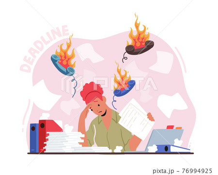 Deadline, Problem at Work Concept. Depressed Stressed Businesswoman Sitting Under Burning Phone Tubes over Head 76994925
