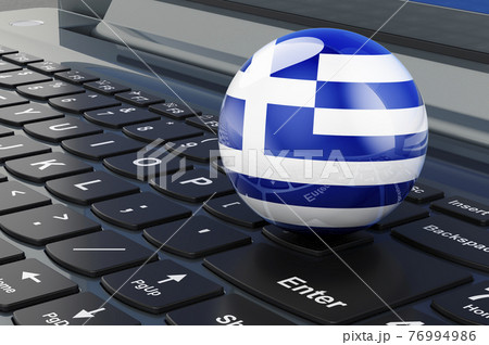 Greek flag on laptop keyboard. Online business, education, shopping in Greece concept. 3D rendering Greek flag on laptop keyboard. Online business, education, shopping in Greece concept. 3D rendering 76994986
