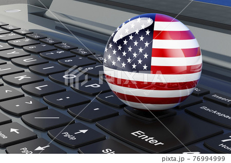 The United States flag on laptop keyboard. Online business, education, shopping in the USA concept. 3D rendering 76994999