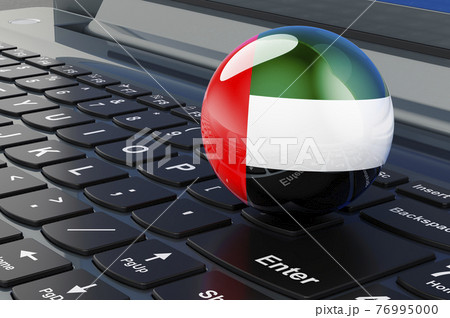 The United Arab Emirates flag on laptop keyboard. Online business, education, shopping in the UAE concept. 3D rendering The United Arab Emirates flag on laptop keyboard. Online business, education, shopping in the UAE concept. 3D rendering 76995000