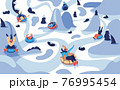 Vector winter landscape with people on tubing donuts happy riding from hills among trees. Various characters in warm clothes 76995454