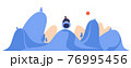 Man or woman riding snow tubing donut in winter landscape. Vector scene with blue hills, trees and active lifestyle character on white background 76995456