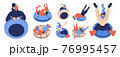 Vector characters set with people and pet riding snow tubing donuts. Happy characters with raised hands smiling and happy while racing 76995457