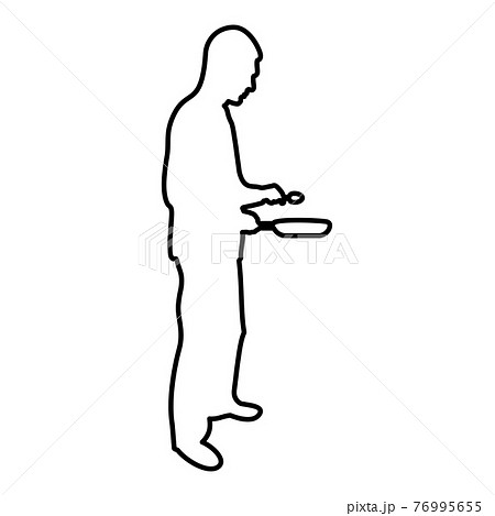 Man holds frying pan spoon Chef holding kitchen  76995655