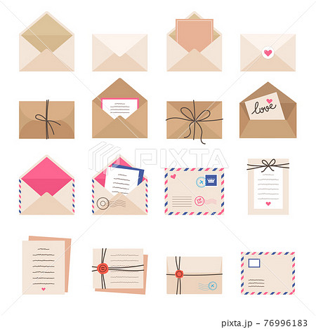 Envelope collections. Mail letters greeting cards romantic envelopes stamped signs labels recent vector illustrations collection Envelope collections. Mail letters greeting cards romantic envelopes stamped signs labels recent vector illustrations collection 76996183