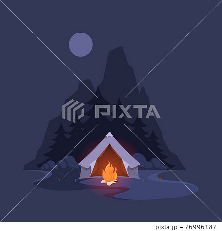 Night camp tent. Dark landscape with mountain trees and shelter adventure for happy travellers garish vector illustrations background 76996187