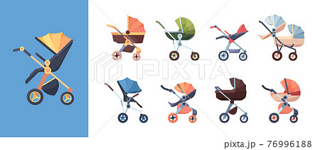 Carriage for baby. Transport for kids mother walking trolley waggon wheels maternity symbols garish vector children carriage set 76996188