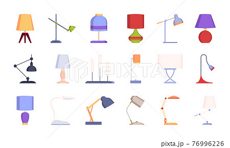 Decorative lamp. Interior modern objects desk lamp lighting symbols garish vector flat pictures collection set Decorative lamp. Interior modern objects desk lamp lighting symbols garish vector flat pictures collection set 76996226