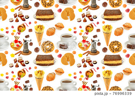 Seamless pattern. Coffee, ice cream, pastries, jelly and chocolate candies isolated on white. 76996339