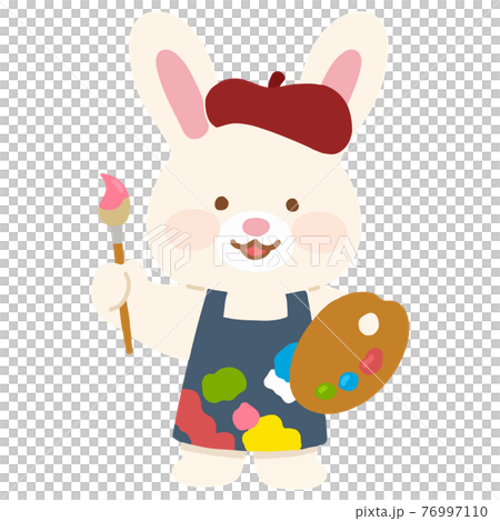 筆とパレットを持つ可愛い絵描き白ウサギのイラスト 主線なしのイラスト素材 筆とパレットを持つ可愛い絵描き白ウサギのイラスト 主線なしのイラスト素材