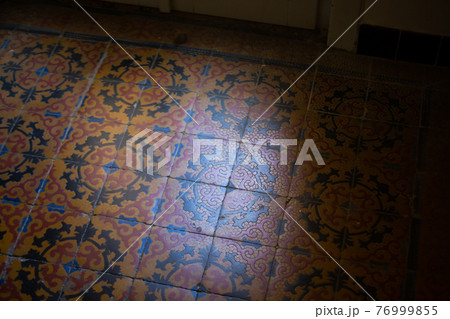 Vintage earthenware floor tiles from 20s, concept of ruthless time 76999855