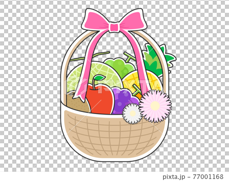 リボンのついた、かごに入ったフルーツの詰め合わせのイラスト 77001168