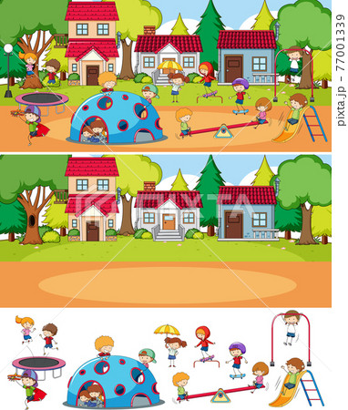 Park scene set with many kids doodle cartoon... - Stock Illustration  [77001339] - PIXTA