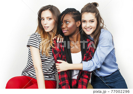 diverse multi nation girls group, teenage friends company cheerful having fun, happy smiling, cute posing isolated on white background, lifestyle people concept, african-american and caucasian 77002296