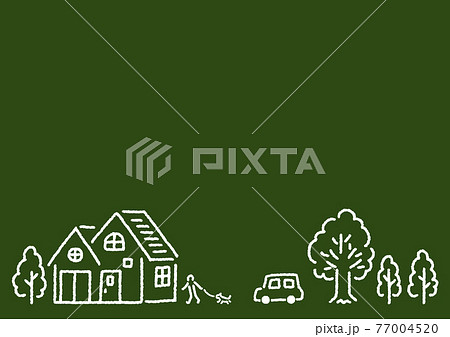シンプルかわいい家と木のある街で犬の散歩をする人と車の黒板イラストのイラスト素材