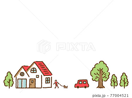 シンプルかわいい家と木のある街で犬の散歩をする人と車のイラストのイラスト素材