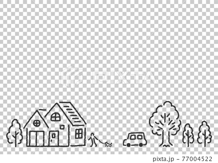 シンプルかわいい家と木のある街で犬の散歩をする人と車の白黒イラストのイラスト素材