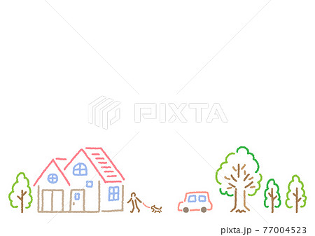 シンプルかわいい家と木のある街で犬の散歩をする人と車のカラー線画イラストのイラスト素材