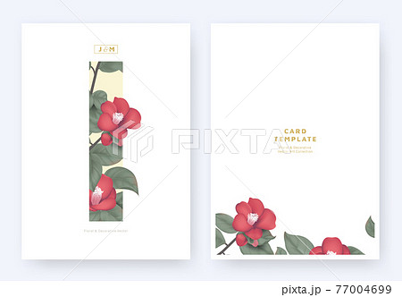 Minimalist floral invitation card template design, red Japanese camellia and leaves 77004699