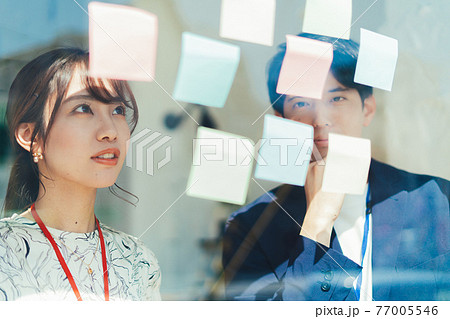 企画を考える男女のビジネスシーン 企画を考える男女のビジネスシーン 77005546