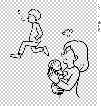 育児をしないで遊び回る夫に嫌気がさす妻の線画イラストのイラスト素材